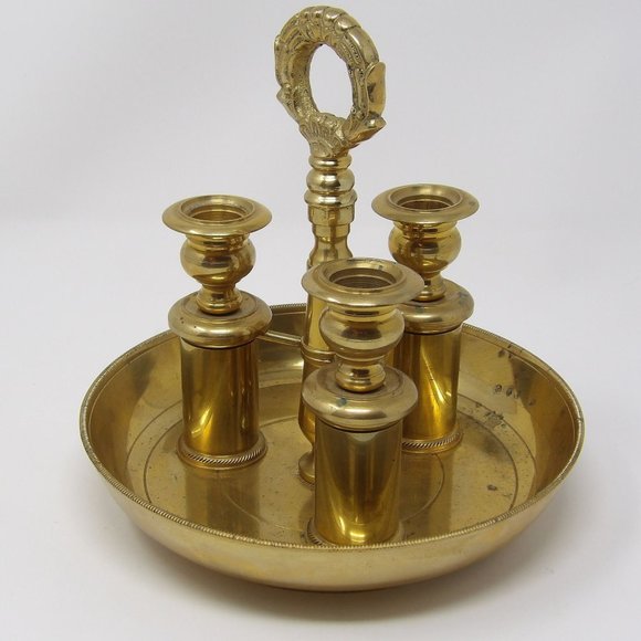 Vintage Neiman Marcus Brass Candlestick Holder Trio Candelabra with Handle Heavy - Picture 5 of 10